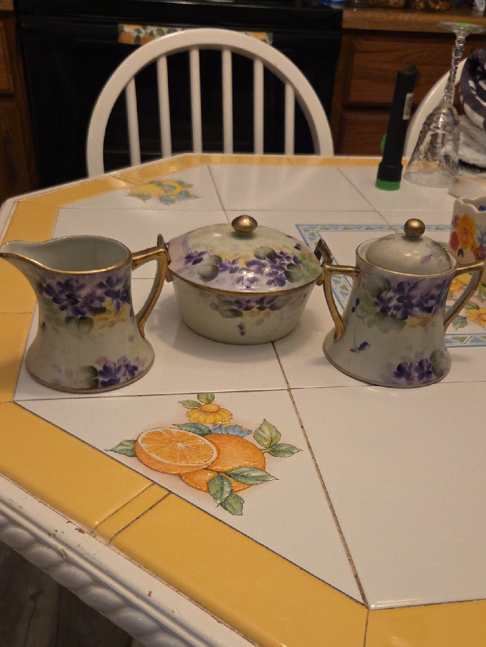 Porcelain Creamer, Sugar & Lidded Bowl Set with Purple Floral Motif